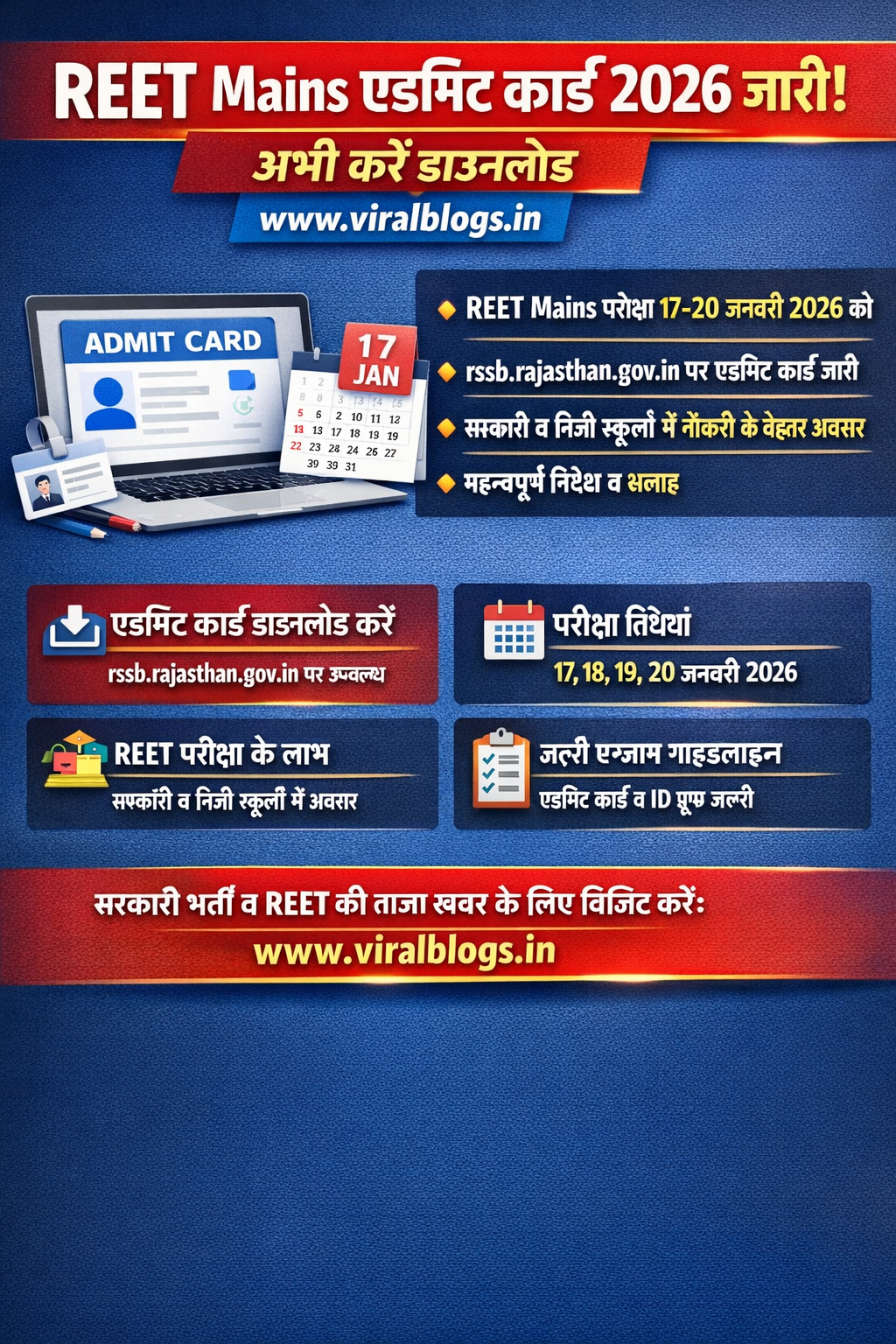 REET Mains Admit Card 2026 जारी, यहाँ से करें डाउनलोड | www.viralblogs.in